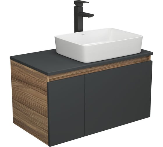 Изображение товара Комплект для ванной Bauedge 3 предмета (тумба Bau Dream 80, графит + раковина санфаянс накладная BAU Hotel 48х37, смеситель высокий Hotel Black) BD2156