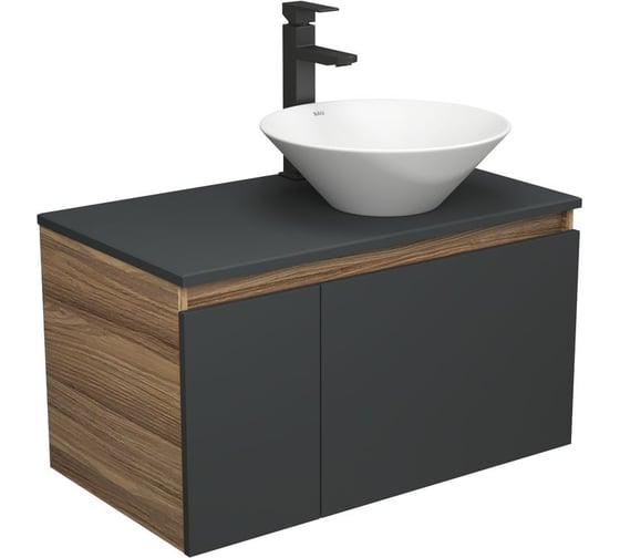 Изображение товара Комплект для ванной Bauedge 3 предмета (тумба Bau Dream 80, графит + раковина санфаянс накладная BAU Dream D43, смеситель высокий Hotel Black) BD2246