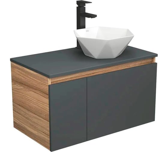 Изображение товара Комплект для ванной Bauedge 3 предмета (тумба Bau Dream 80, графит + раковина накладная на столешницу BAU Crystal 40х40, смеситель высокий Hotel Black) BD2286