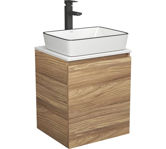 Изображение товара Тумба Bauedge Bau Dream Blackwood 50 с дверцей, раковина BAU Hotel Black Rand 48х37, смеситель для раковины высокий Hotel Black, черный SD3059