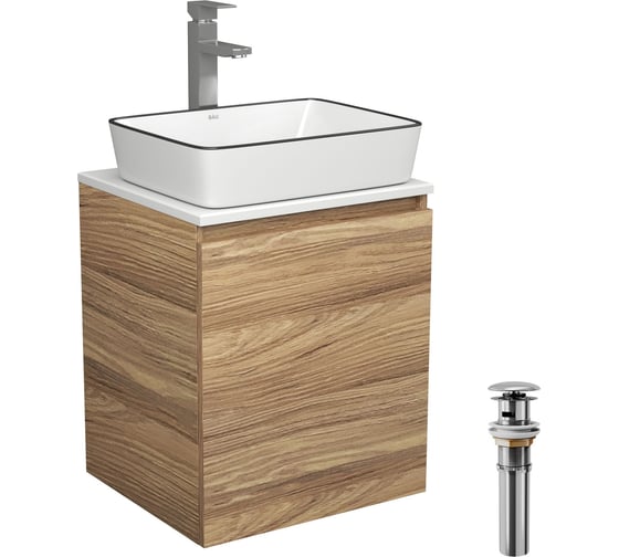 Изображение товара Тумба Bauedge Bau Dream Blackwood 50 с дверцей, раковина BAU Hotel Black Rand 48х37, смеситель для раковины высокий Hotel Still, нержавеющая сталь, выпуск клик-клак, хром SD3061