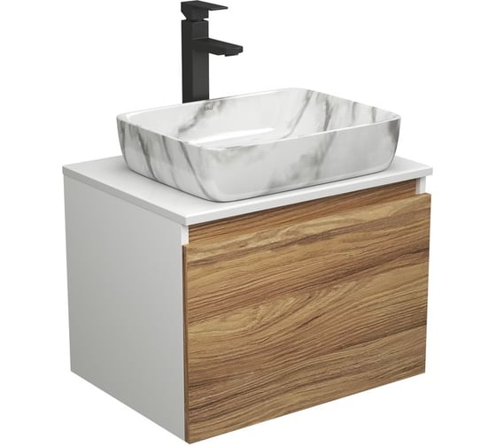 Изображение товара Комплект для ванной Bauedge 3 предмета (тумба Bau Dream Blackwood 60 + раковина BAU Hotel 48x37, мрамор, смеситель высокий Hotel Black) BD1691