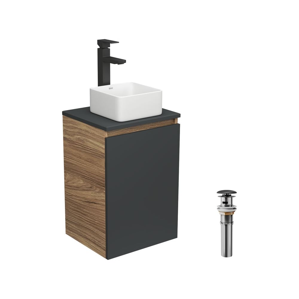 Изображение товара Комплект для ванной Bauedge 4 предмета тумба раковина смеситель черный Графит BD1915