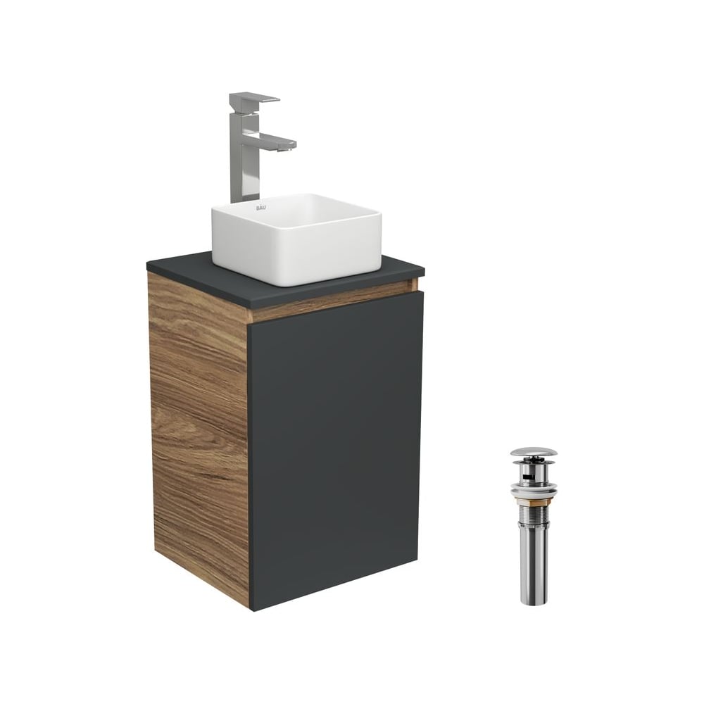 Изображение товара Комплект для ванной Bauedge 4 предмета (тумба Bau 40, графит + раковина BAU Hotel mini 24x24 + смеситель Hotel Still, выпуск клик-клак, хром) BD1913