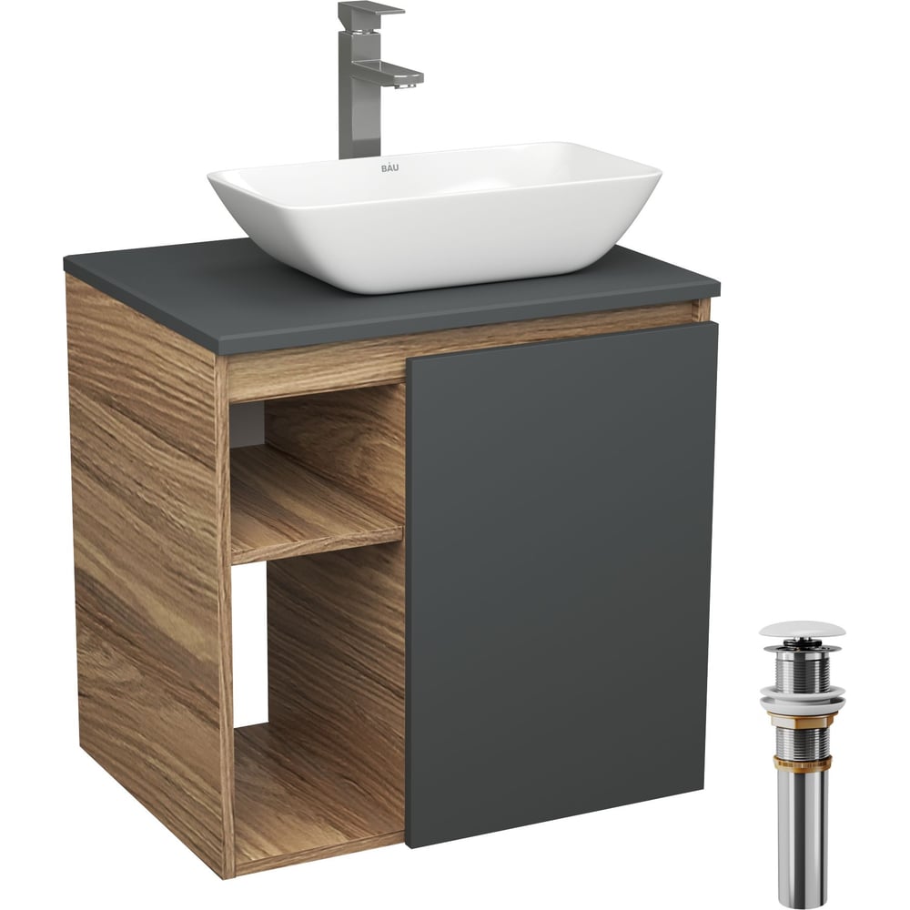 Тумба Bauedge Bau Dream Blackwood 60 правая, графит, раковина BAU Spectrum mini 47х24 смеситель для раковины высокий Hotel Still, нержавеющая сталь, выпуск клик клак белый SD4214