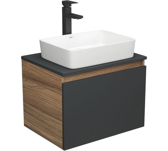 Изображение товара Комплект для ванной Bauedge 3 предмета (тумба Bau Dream 60, графит + раковина санфаянс накладная BAU Hotel 48х37, смеситель высокий Hotel Black) BD1978