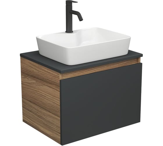 Изображение товара Комплект для ванной Bauedge 3 предмета (тумба Bau Dream 60, графит + раковина накладная BAU Cerama 48x37, с отверстием под смеситель, смеситель Dream Black) BD2144