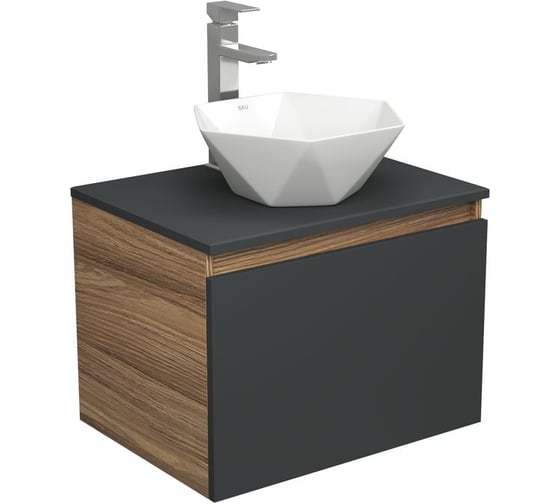 Изображение товара Комплект для ванной Bauedge 3 предмета (тумба Bau Dream 60, графит + раковина накладная на столешницу BAU Crystal 40x40, смеситель высокий Hotel Still) BD2107