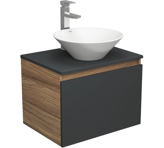 Изображение товара Комплект для ванной Bauedge 3 предмета (тумба Bau Dream 60, графит + раковина санфаянс накладная BAU Dream D43, смеситель высокий Hotel Still) BD2067