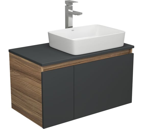 Изображение товара Комплект для ванной Bauedge 3 предмета (тумба Bau Dream 80, графит + раковина санфаянс накладная BAU Hotel 48х37, смеситель высокий Hotel Still) BD2155