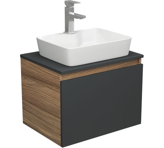 Изображение товара Комплект для ванной Bauedge 3 предмета (тумба Bau Dream 60, графит + раковина накладная BAU Cerama 48x37, с отверстием под смеситель, смеситель Hotel Still) BD2141