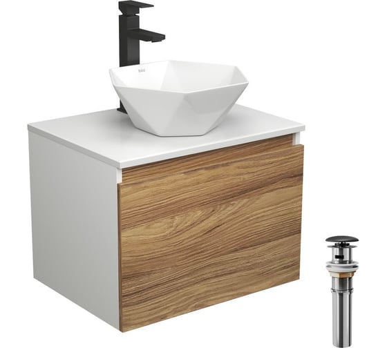 Изображение товара Комплект для ванной Bauedge 4 предмета (тумба Bau Dream 60 + раковина на столешницу BAU 40х40, белая + смеситель Hotel Black, выпуск клик-клак, черный) BD1718