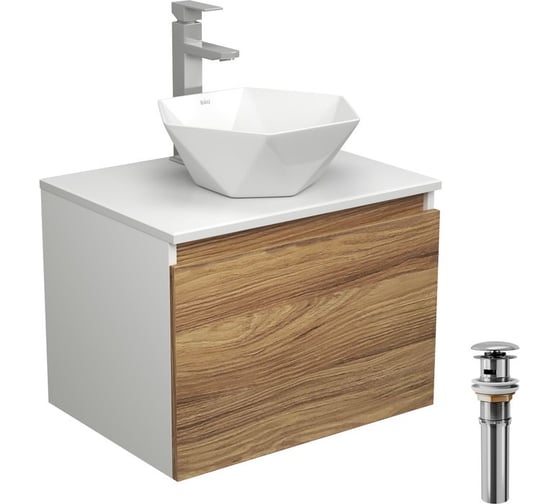 Изображение товара Комплект для ванной Bauedge 4 предмета (тумба Bau Dream 60 + раковина на столешницу BAU 40х40, белая + смеситель Hotel Still, выпуск клик-клак, хром) BD1716