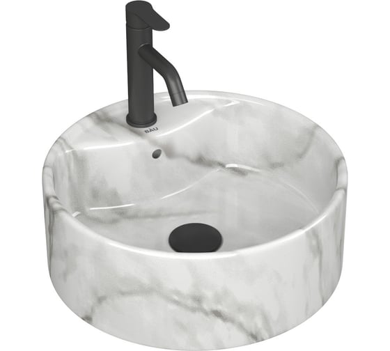 Изображение товара Раковина накладная со смесителем Bauedge и выпуском BAU Element D41, мрамор + смеситель Dream Black, выпуск клик-клак черный YBD2595