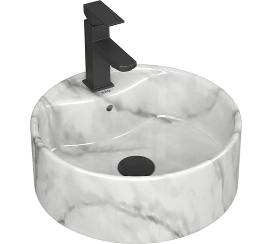Изображение товара Раковина накладная со смесителем Bauedge и выпуском BAU Element D41, мрамор + смеситель Hotel Black, выпуск клик-клак черный YBD2591