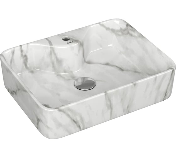 Изображение товара Раковина прямоугольная накладная Bauedge BAU Cerama 48x37, с отверстием под смеситель, мрамор + выпуск клик-клак, хром YBD2558