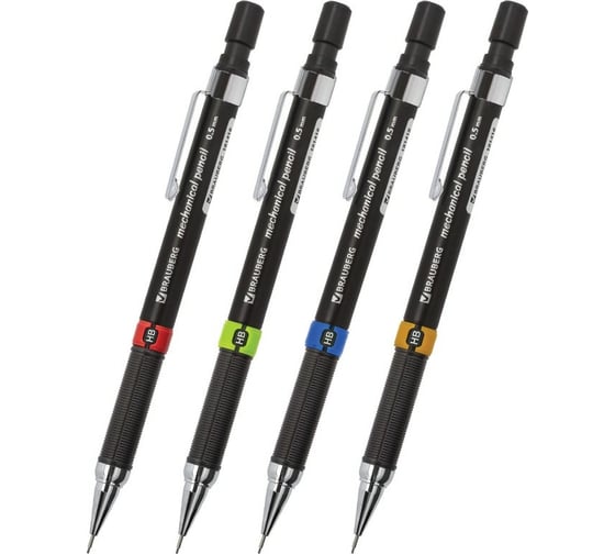 Изображение товара Карандаш механический 12 шт в упаковке BRAUBERG "Ring" корпус черный детали ассорти ластик 0.5мм  181418