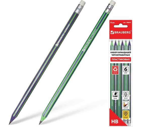 Изображение товара Карандаши чернографитные 24 шт в упаковке BRAUBERG НАБОР 6 шт. "Aviator" НВ с рез. пластик. заточ. 180632