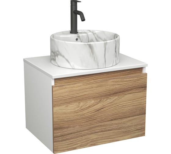 Изображение товара Комплект Bauedge тумба Bau Dream Blackwood 60, 1 ящик, раковина круглая накладная BAU Element D41, мрамор, смеситель Hotel Dream Black, черный матовый BD2959