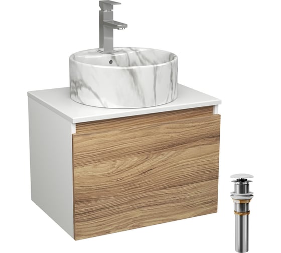 Изображение товара Комплект Bauedge тумба Bau Dream Blackwood 60, 1 ящик, раковина круглая накладная BAU Element D41, мрамор, смеситель Hotel Stil, нерж. сталь, выпуск клик клак BD2964