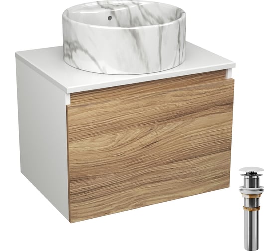 Изображение товара Комплект Bauedge тумба Bau Dream Blackwood 60, 1 ящик, раковина круглая накладная BAU Element D41, мрамор, выпуск клик клак белый BD2960