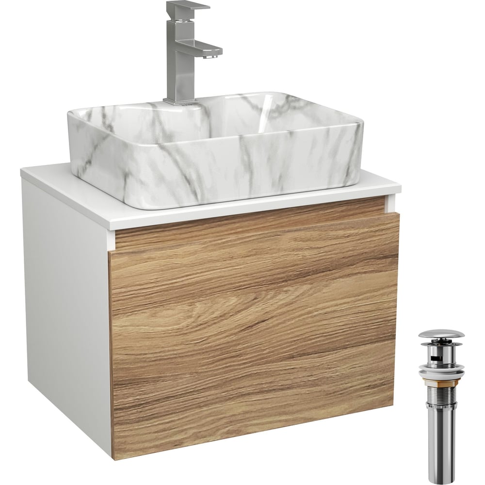 Комплект Bauedge тумба Bau Dream Blackwood 60, 1 ящик, раковина прямоугольная BAU Cerama 48x37, мрамор, смеситель Hotel Stil, нерж. сталь, выпуск клик клак хр BD2991