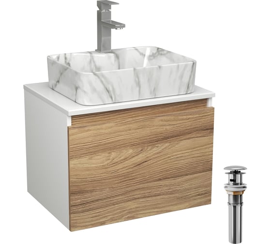Изображение товара Комплект Bauedge тумба Bau Dream Blackwood 60, 1 ящик, раковина прямоугольная BAU Cerama 48x37, мрамор, смеситель Hotel Stil, нерж. сталь, выпуск клик клак хр BD2991