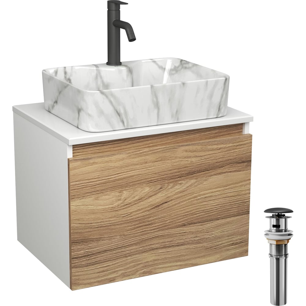 Комплект Bauedge тумба Bau Dream Blackwood 60, 1 ящик, раковина прямоугольная BAU Cerama 48x37, мрамор, смеситель Hotel Dream, черный выпуск клик клак черный BD2996
