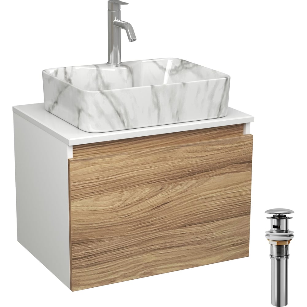 Комплект Bauedge тумба Bau Dream Blackwood 60, 1 ящик, раковина прямоугольная BAU Cerama 48x37, мрамор, смеситель Hotel Dream, нерж. сталь, выпуск клик клак х BD2994