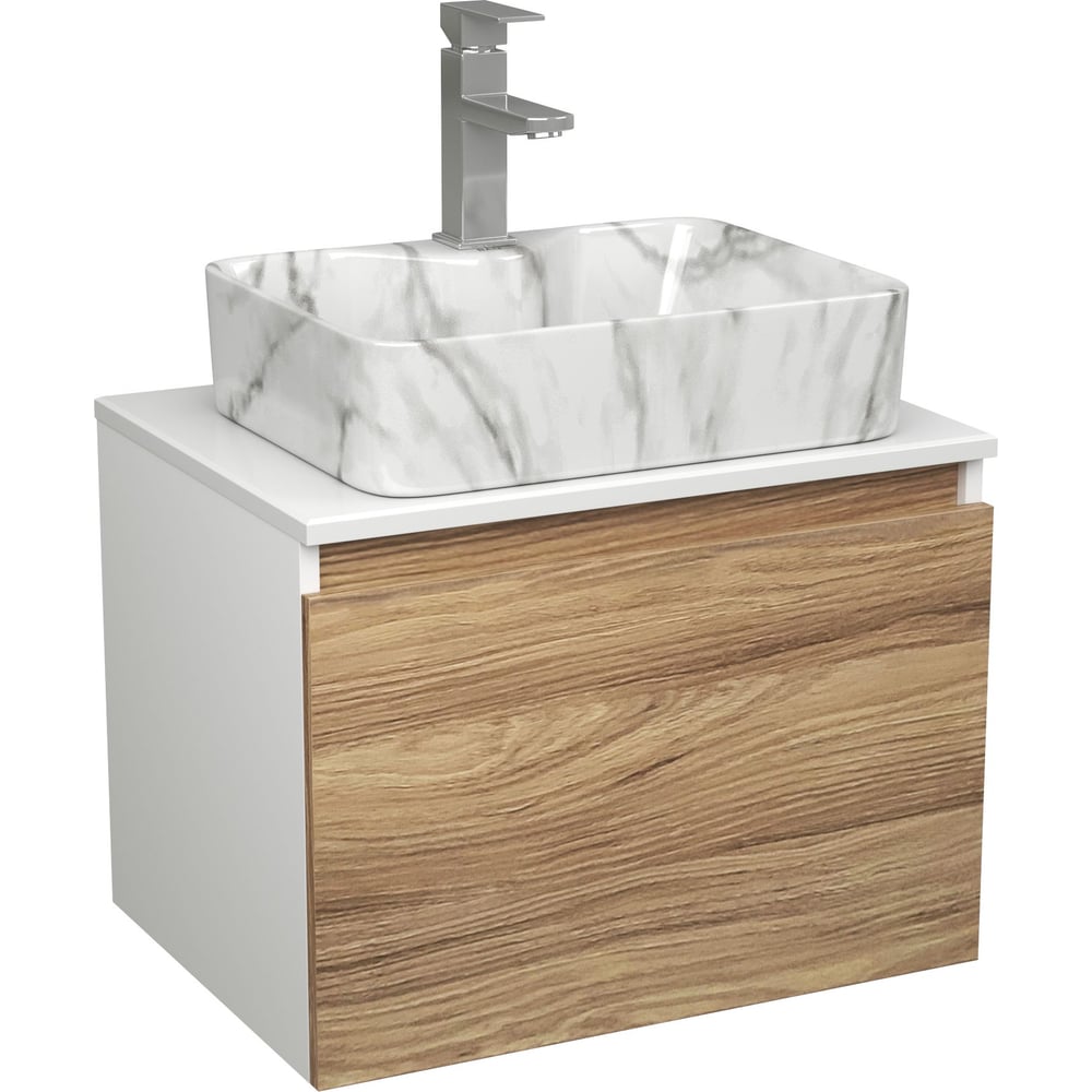 Комплект Bauedge тумба Bau Dream Blackwood 60, 1 ящик, раковина прямоугольная BAU Cerama 48x37, мрамор, смеситель Hotel Stil, нерж. сталь BD2984