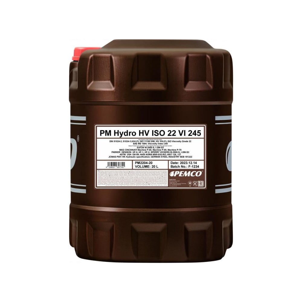 Изображение товара Синтетическое гидравлическое масло Pemco HYDRO HV ISO 22 VI 245 20 л PM2204-20-E