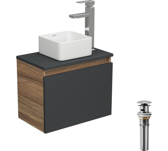 Изображение товара Комплект для ванной Bauedge 4 предмета (тумба Bau 50, графит + раковина BAU Hotel mini 24x24 + смеситель Hotel Still, выпуск клик-клак, хром) BD1943