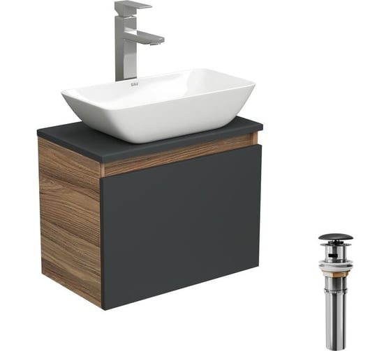 Изображение товара Комплект для ванной Bauedge 4 предмета (тумба Bau 50, графит + раковина чаша BAU Spectrum mini 47x24 + смеситель Hotel Still, выпуск клик-клак, черный) BD1962