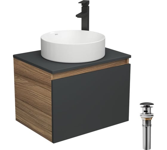 Изображение товара Комплект для ванной Bauedge 4 предмета (тумба Bau 60, графит + раковина BAU Dream D41 + смеситель Hotel Black, выпуск клик-клак, черный) BD2015