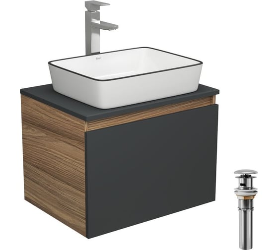 Изображение товара Комплект для ванной Bauedge 4 предмета (тумба Bau 60, графит + раковина BAU Hotel Black Rand 48х37 + смеситель Hotel Still, выпуск клик-клак, хром) BD2043