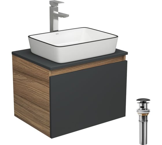 Изображение товара Комплект для ванной Bauedge 4 предмета (тумба Bau 60, графит + раковина BAU Hotel Black Rand 48х37 + смеситель Hotel Still, выпуск клик-клак, черный) BD2042