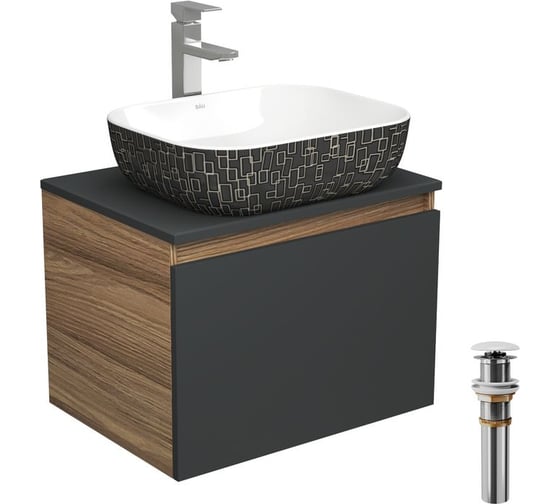 Изображение товара Комплект для ванной Bauedge 4 предмета (тумба Bau 60, графит + раковина BAU Stil Black White 50х40 + смеситель Hotel Still, выпуск клик-клак, белый) BD2064