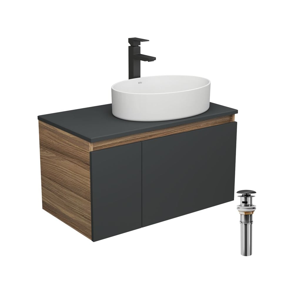 Изображение товара Комплект для ванной Bauedge 4 предмета тумба раковина смеситель графит черный