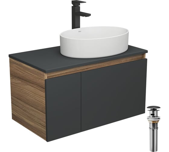 Изображение товара Комплект для ванной Bauedge 4 предмета (тумба Bau 80, графит + раковина BAU Nimb 50х36 + смеситель Hotel Black, выпуск клик-клак, черный) BD2183