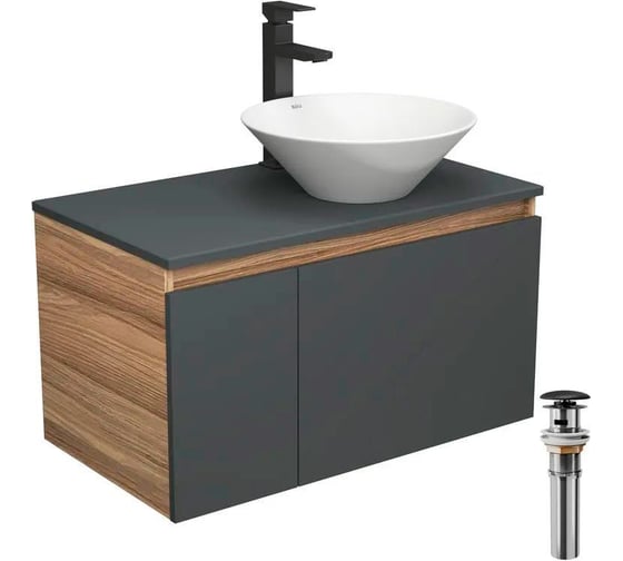 Изображение товара Комплект для ванной Bauedge 4 предмета (тумба Bau 80, графит + раковина BAU Dream D43 + смеситель Hotel Black, выпуск клик-клак, черный) BD2253