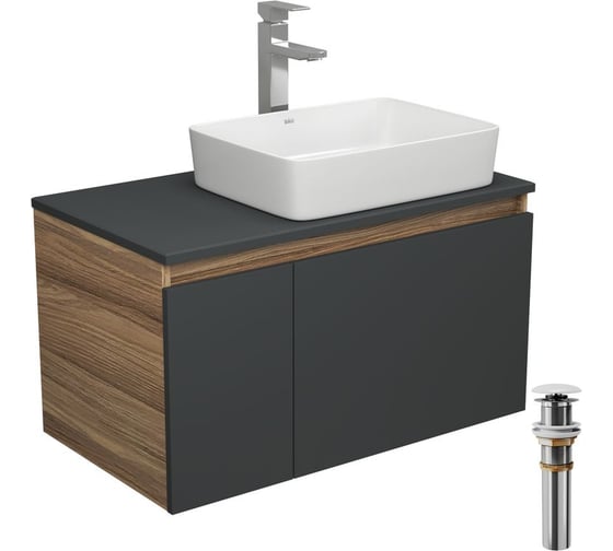 Изображение товара Комплект для ванной Bauedge 4 предмета (тумба Bau 80, графит + раковина BAU Hotel 48х37 + смеситель Hotel Still, выпуск клик-клак, белый) BD2162