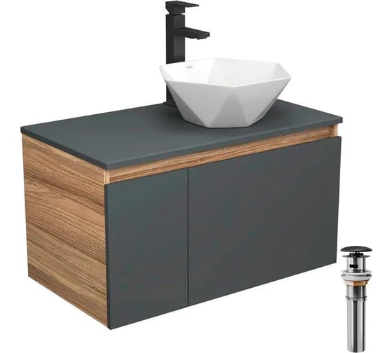 Изображение товара Комплект для ванной Bauedge 4 предмета (тумба Bau 80, графит + раковина на столешницу BAU Crystal 40х40 + смеситель Hotel Black, выпуск клик-клак, черный) BD2293