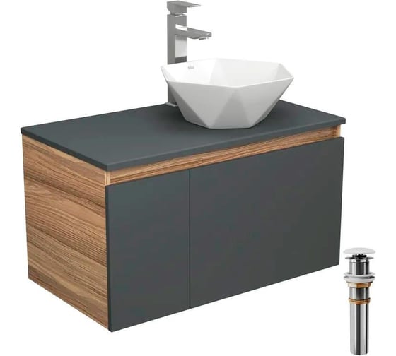 Изображение товара Комплект для ванной Bauedge 4 предмета (тумба Bau 80, графит + раковина на столешницу BAU Crystal 40х40 + смеситель Hotel Still, выпуск клик-клак, белый) BD2292