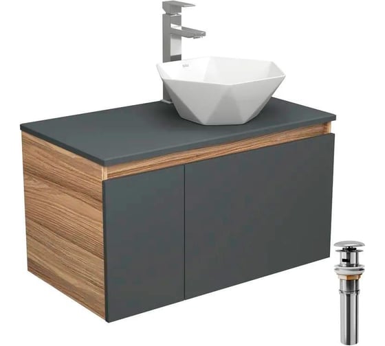 Изображение товара Комплект для ванной Bauedge 4 предмета (тумба Bau 80, графит + раковина на столешницу BAU Crystal 40х40 + смеситель Hotel Still, выпуск клик-клак, хром) BD2291