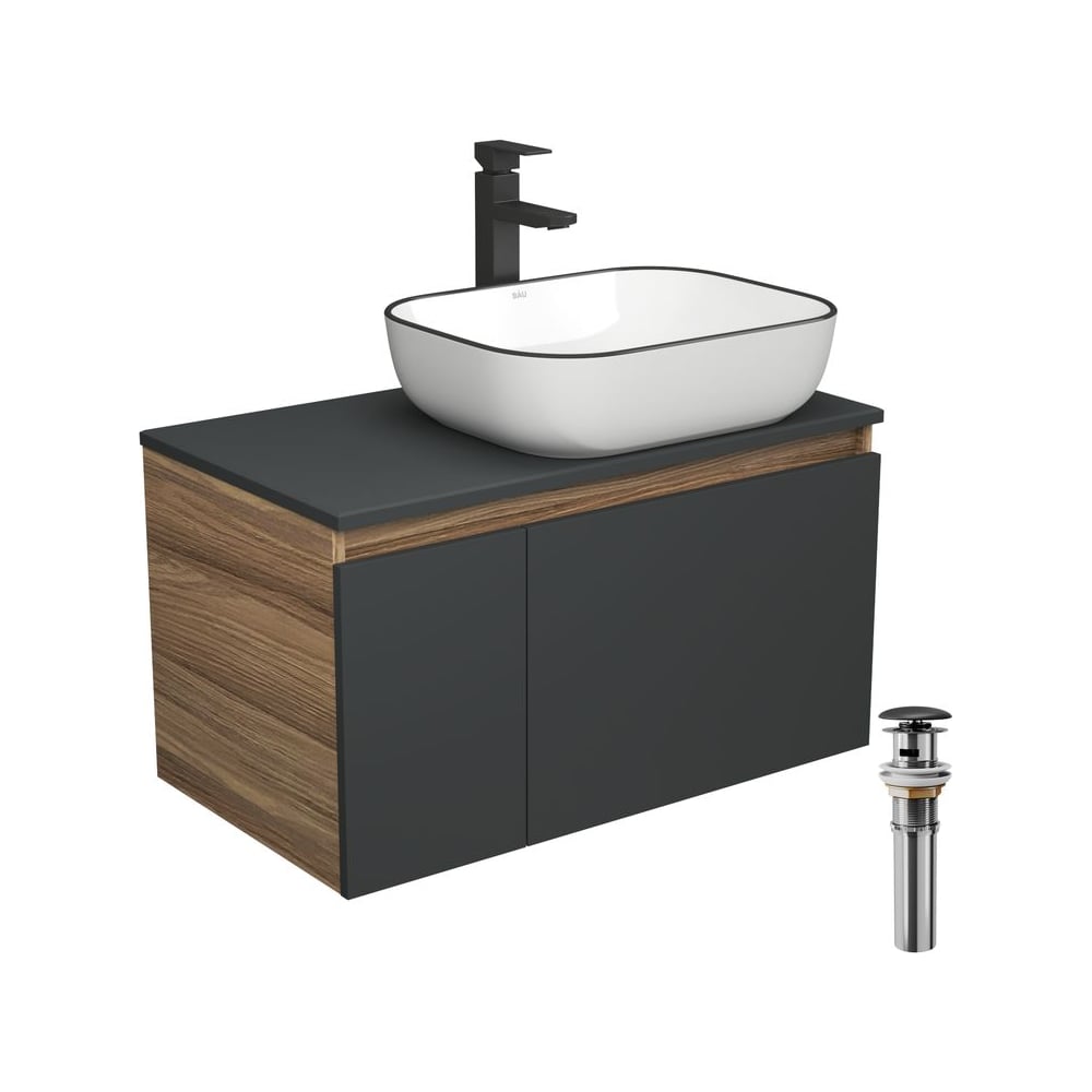 Изображение товара Комплект для ванной Bauedge 4 предмета раковина смеситель тумба графит черный