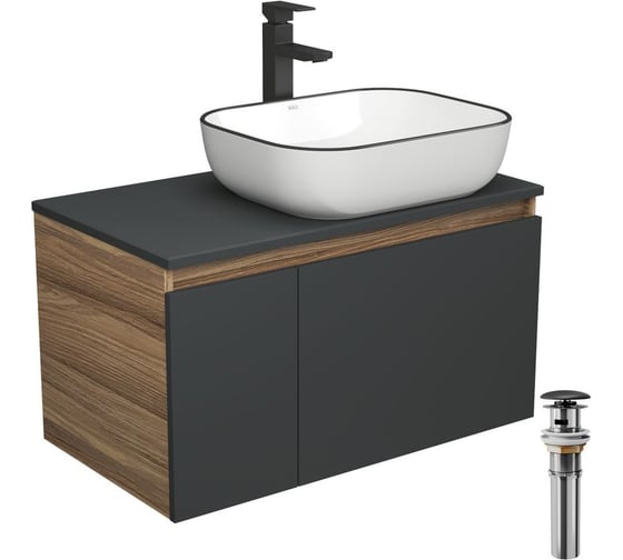 Изображение товара Комплект для ванной Bauedge 4 предмета (тумба Bau 80, графит + раковина BAU Stil Black Rand 50х40 + смеситель Hotel Black, выпуск клик-клак, черный) BD2233