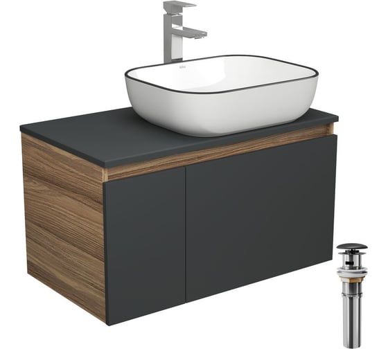 Изображение товара Комплект для ванной Bauedge 4 предмета (тумба Bau 80, графит + раковина BAU Stil Black Rand 50х40 + смеситель Hotel Still, выпуск клик-клак, черный) BD2230