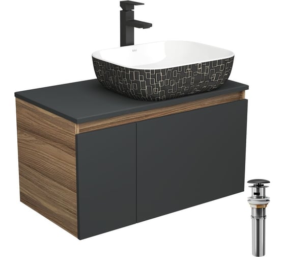 Изображение товара Комплект для ванной Bauedge 4 предмета (тумба Bau 80, графит + раковина BAU Stil Black White 50х40 + смеситель Hotel Black, выпуск клик-клак, черный) BD2243