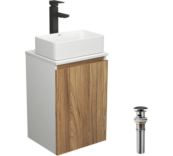 Изображение товара Комплект для ванной Bauedge 4 предмета (тумба Bau Dream 40 + раковина BAU 37x23, белая + смеситель Hotel Black, выпуск клик-клак, черный) BD1598