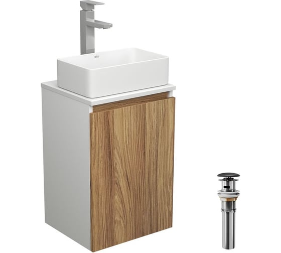 Изображение товара Комплект для ванной Bauedge 4 предмета (тумба Bau Dream 40 + раковина BAU 37x23, белая + смеситель Hotel Still, выпуск клик-клак, черный) BD1595